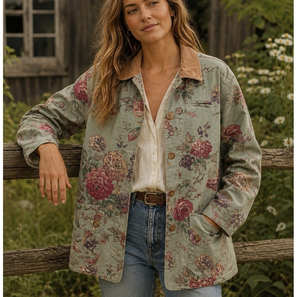 Vintage Coldwater Creek Floral Barn Jacket Chore Coat Velvet Collar Sz L Country